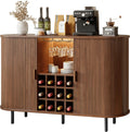 55" Wine Cabinet, Fluted Coffee Bar Cabinet with LED Light, Modern Liquor Coffee Station with Power Outlet, Wine Rack & Glass Holder, Sliding Door Buffet Sideboard Table for Kitchen, Entryway, Walnut