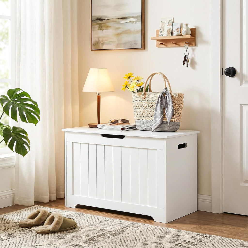 Storage Chest with Flip-top Lid, Large Wood Trunk Bench with Safety Hinge, Bedroom Living Room Clothes Blanket Organizer Bin with 100L Storage Area, White