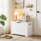 Storage Chest with Flip-top Lid, Large Wood Trunk Bench with Safety Hinge, Bedroom Living Room Clothes Blanket Organizer Bin with 100L Storage Area, White