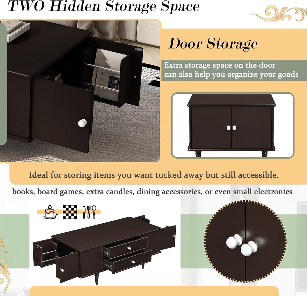 Modern Coffee Table with 4 Drawers, Hidden Side Table Compartments, Interior Shelves, Solid Wood Legs & Durable MDF Structure, End Table for Living Room, Kitchen, Dining Room & Bedroom, Easy Assembly