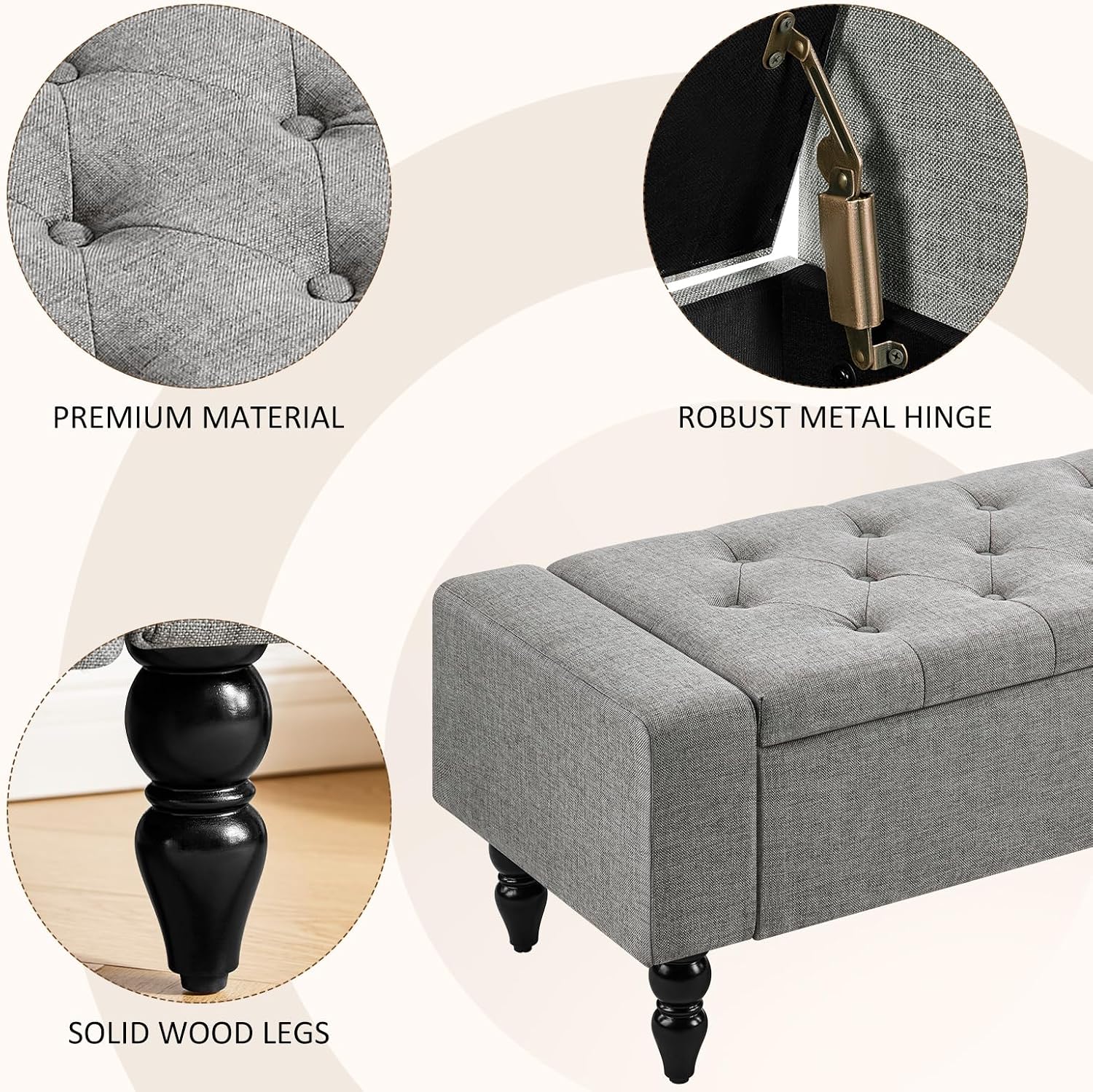 Storage Bench for End of Bed, 47 Inch Upholstered Storage Ottoman Bench with Removable Lid, Diamond Tufted Hidden Storage Bench for Bedroom, Entryway Bench with Solid Wood Legs, Gray