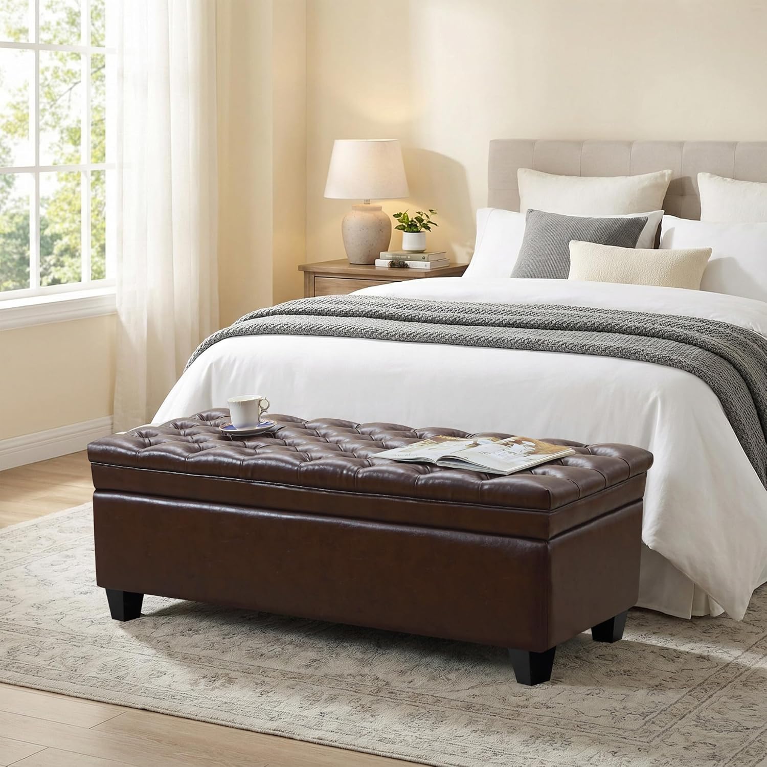 50" Faux Leather Storage Ottoman Bench, Rectangular End of Storage Bench, Upholstered Large Tufted Ottoman with Storage for Living Room, Bedroom, Entryway,Dark Brown
