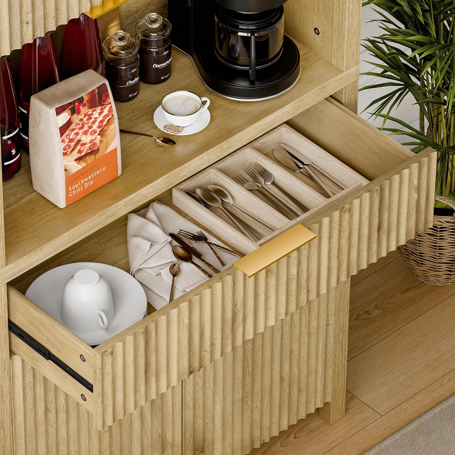 Lulive 71" Fluted Pantry Cabinet with Charging Station & Adjustable Shelves, Spacious Kitchen Storage Cabinet with Open Countertop & Drawer for Dining Room, Living Room, Natrual