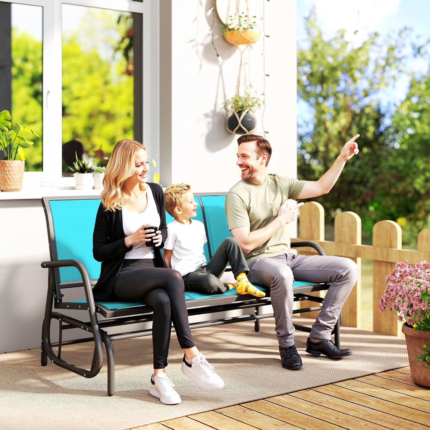 3-Person Outdoor Glider Bench – 660lb Weight Capacity, 57.9x27.6x33.5in Dimensions, Mesh Seat & Back, Blue Metal Construction