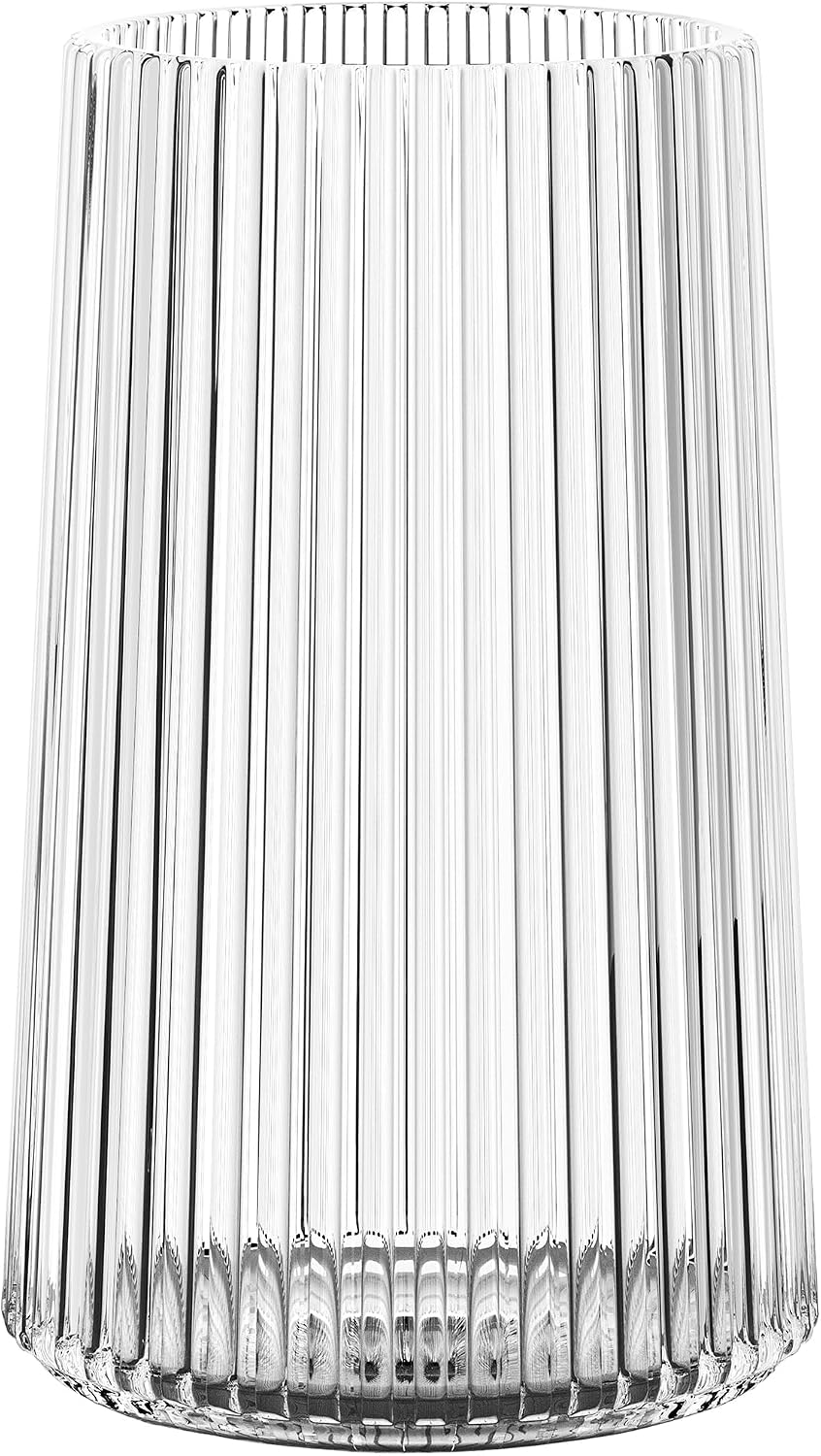Clear Glass Vase for Flower, Flower Vase for Bouquet, Modern Glass Vases, Ribbed Vases for Living Room, Bedroom, Dining Table, Office, Wedding, Centerpieces, 8 Inches