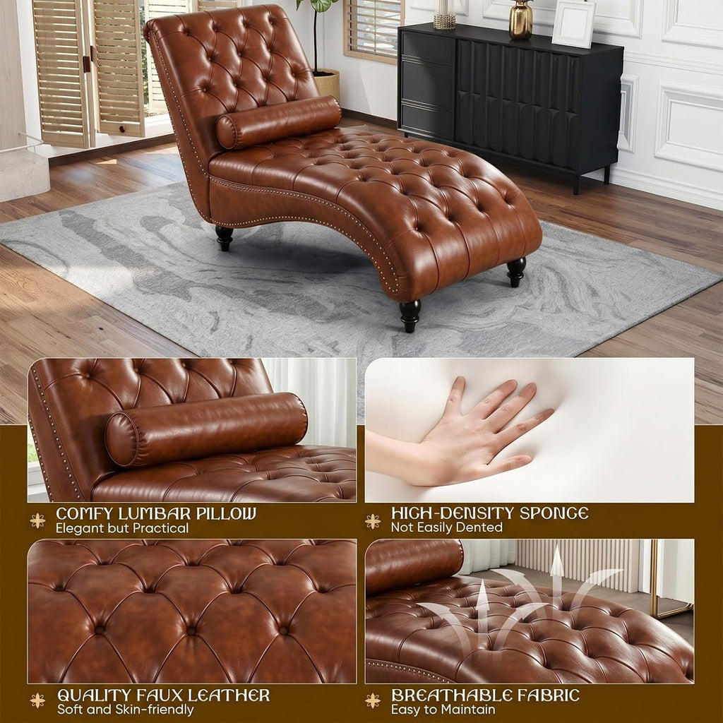 Faux Leather Chaise Lounge Indoor with Toss Pillow, Modern Chaise Lounge Chair, Upholstered PU Armless Ergonomic Chairs with Tufted Buttons and Nail Heads for Living Room, Bedroom Furniture, Brown