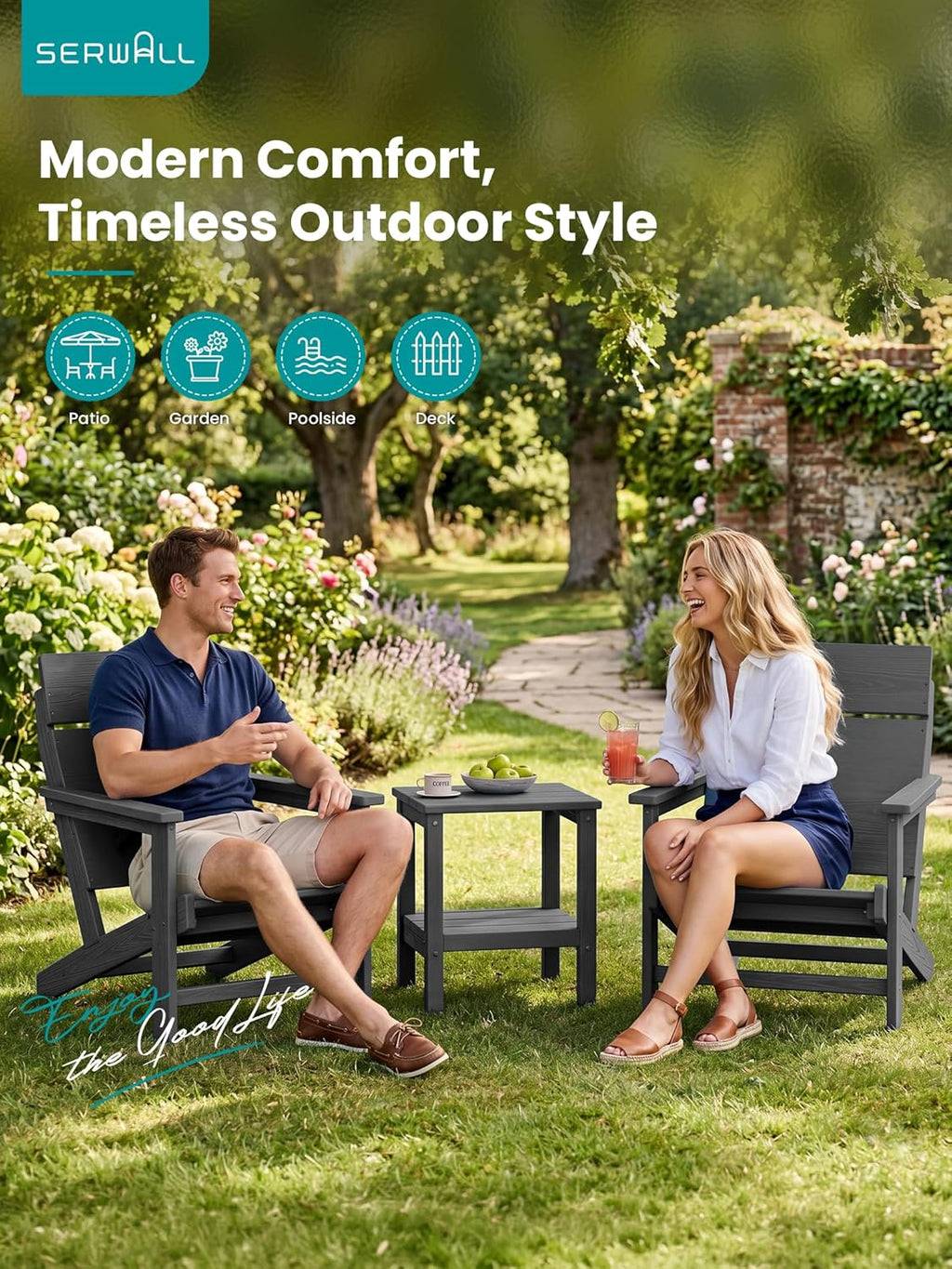 SERWALL Modern Adirondack Chairs, Slatless HDPE Adirondack Chairs, Solid Backrest Plastic Outdoor Chairs Set of 4,Wood-Like Texture-Grey