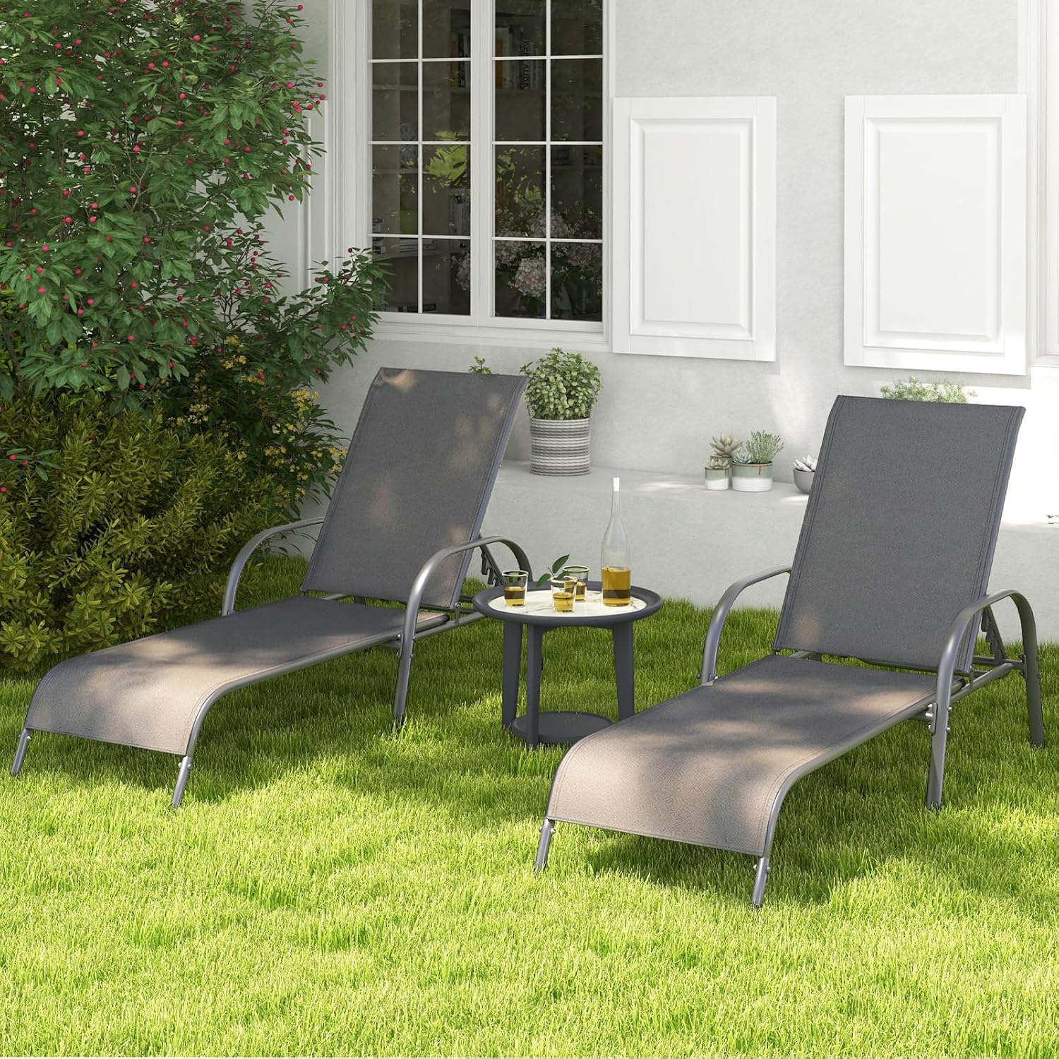 Tangkula Outdoor Lounge Chairs Set of 2, Patio Chaise Lounge with Adjustable Backrest, Reclining Pool Lounge Chairs for Outside with Heavy Duty Steel Frame for Beach, Yard, Balcony, Poolside