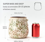 Utensil Holder for Kitchen Counter, Modern Farmhouse Rustic Cooking Utensil Holder and Crock, Exquisite Chinoiserie Floral Ceramic Utensil Organizer for Home Kitchen Decor- Green and Beige