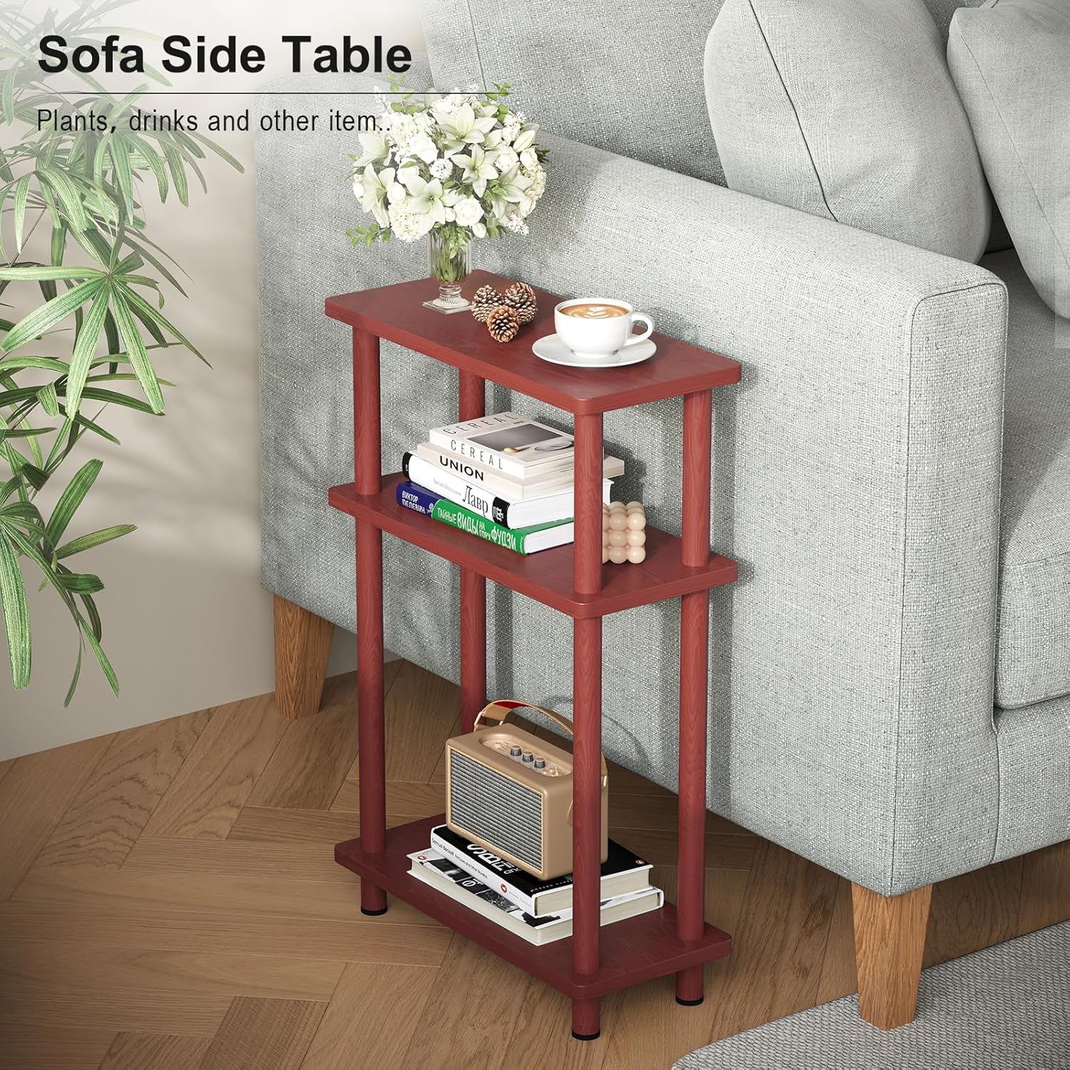 Apicizon 3 Tier End Table, Narrow Side Table with Storage Shelf, Bedroom, Living Room, Entryway, Farmhouse, Dark Brown