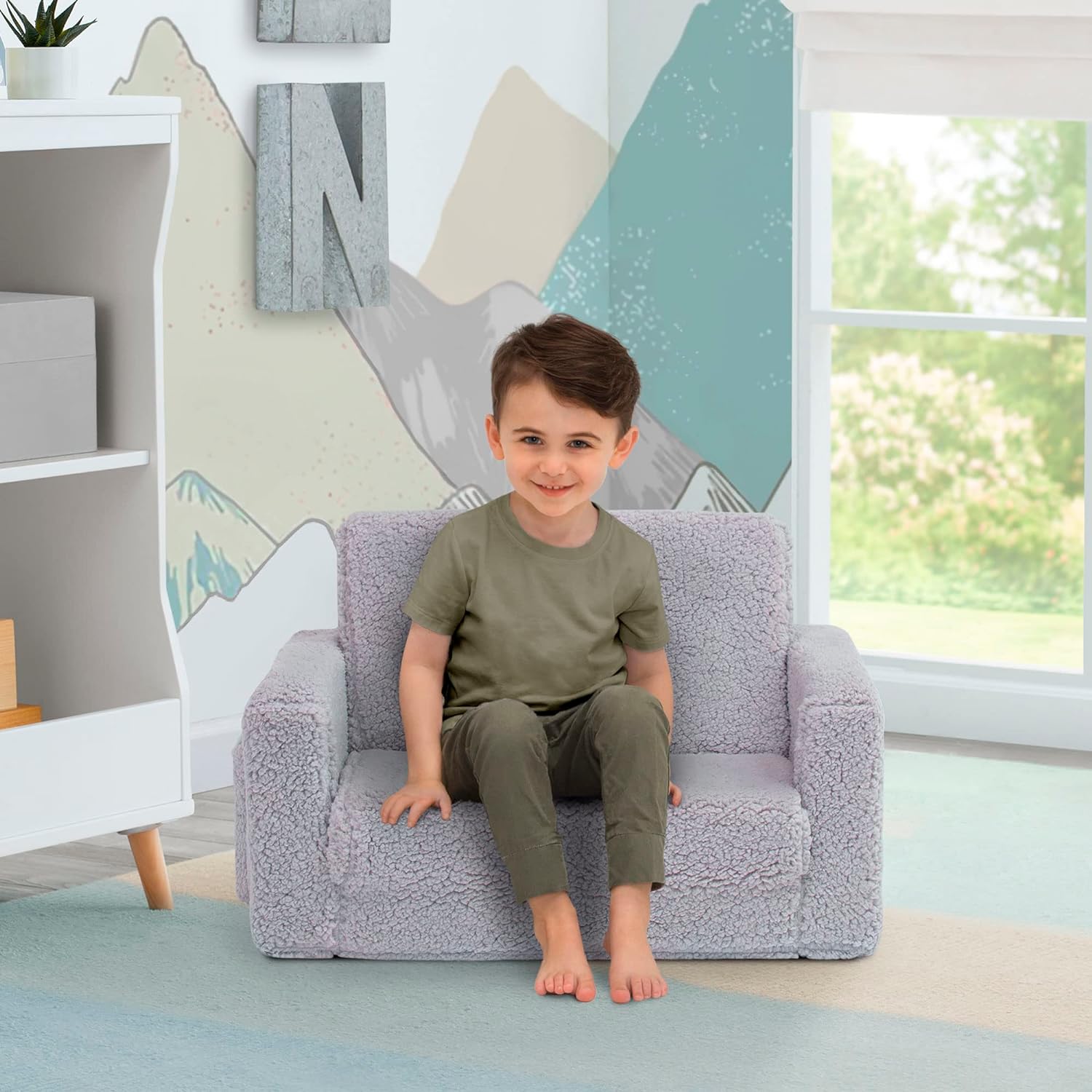 Delta Children Cozee Flip-Out Sherpa 2-in-1 Convertible Chair to Lounger for Kids, Grey