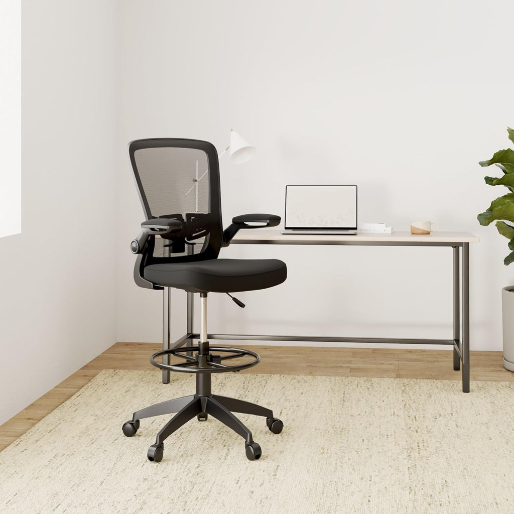 Drafting Chair Tall Office Chair Mid-Back Mesh Ergonomic Computer Chair High Adjustable Standing Desk Chair with Lumbar Support Adjustable Foot Ring and Flip-Up Arms (Black)