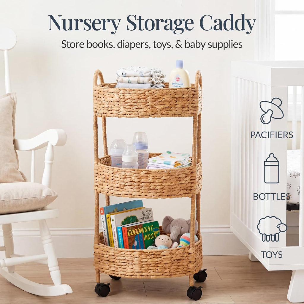 Best Choice Products 3-Tier Round Rolling Nursery Caddy w/Wheels, Handwoven Utility Cart, Storage Organization for Bathroom, Craft Room, Laundry Room - Natural
