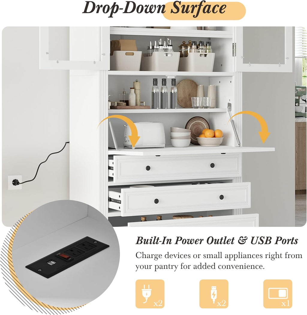 roomfitters 78 Inch Tall Kitchen Pantry Storage Cabinet with Power Outlet and Drop-Down Surface, White