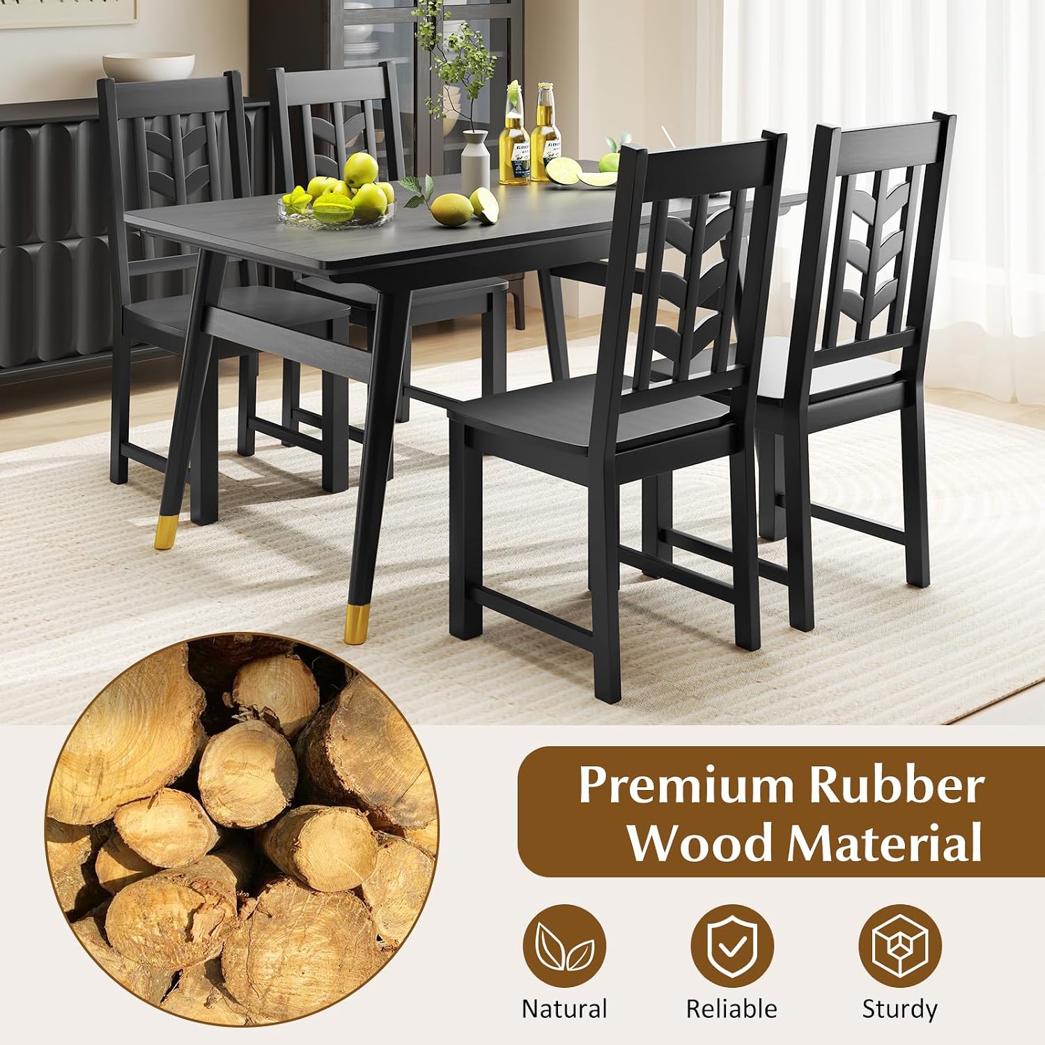 GOFLAME Wood Dining Chairs Set of 4, Modern Kitchen Side Chairs with Solid Rubber Wood Frame, Leaf-Shape High Backrest, Armless Dinette Chairs for Dining Room, Restaurant, Black