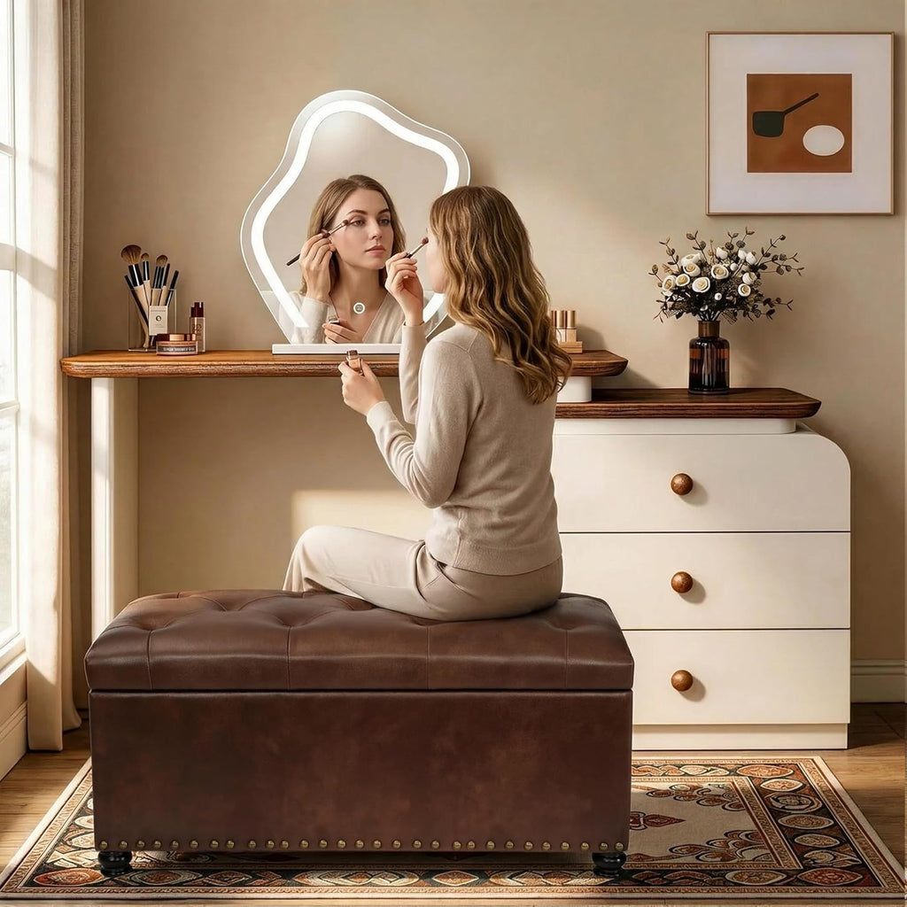 Joveco Storage Ottoman Bench 35" Faux-Leather Rectangular Tufted Ottomans Storage Room Organizer (Caramel)