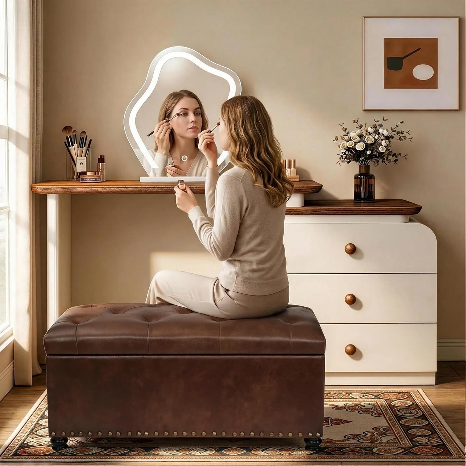 Joveco Storage Ottoman Bench 35" Faux-Leather Rectangular Tufted Ottomans Storage Room Organizer (Caramel)