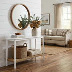 Alaterre Furniture Calais 48 Inch Wooden Console Table with Woven Storage Shelf – Mid Century Modern 2-Tier Entryway or Sofa Table for Living Room, Hallway, or Foyer (White)