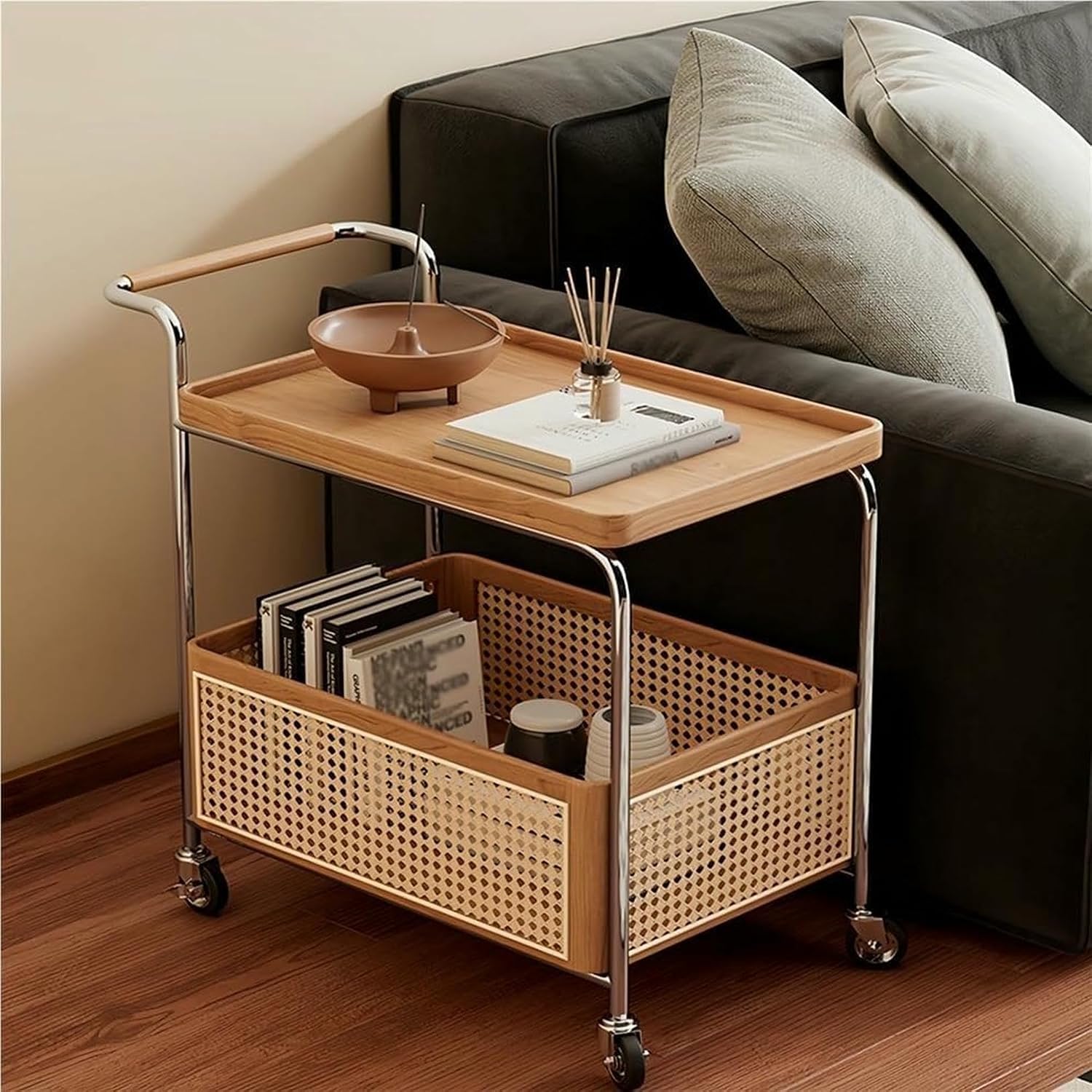 Rattan Side Table with Wheels Rolling 2-Layer Coffee Table Storage End Table Rattan Basket Wood Frame for Living Room Bedroom Long Lasting