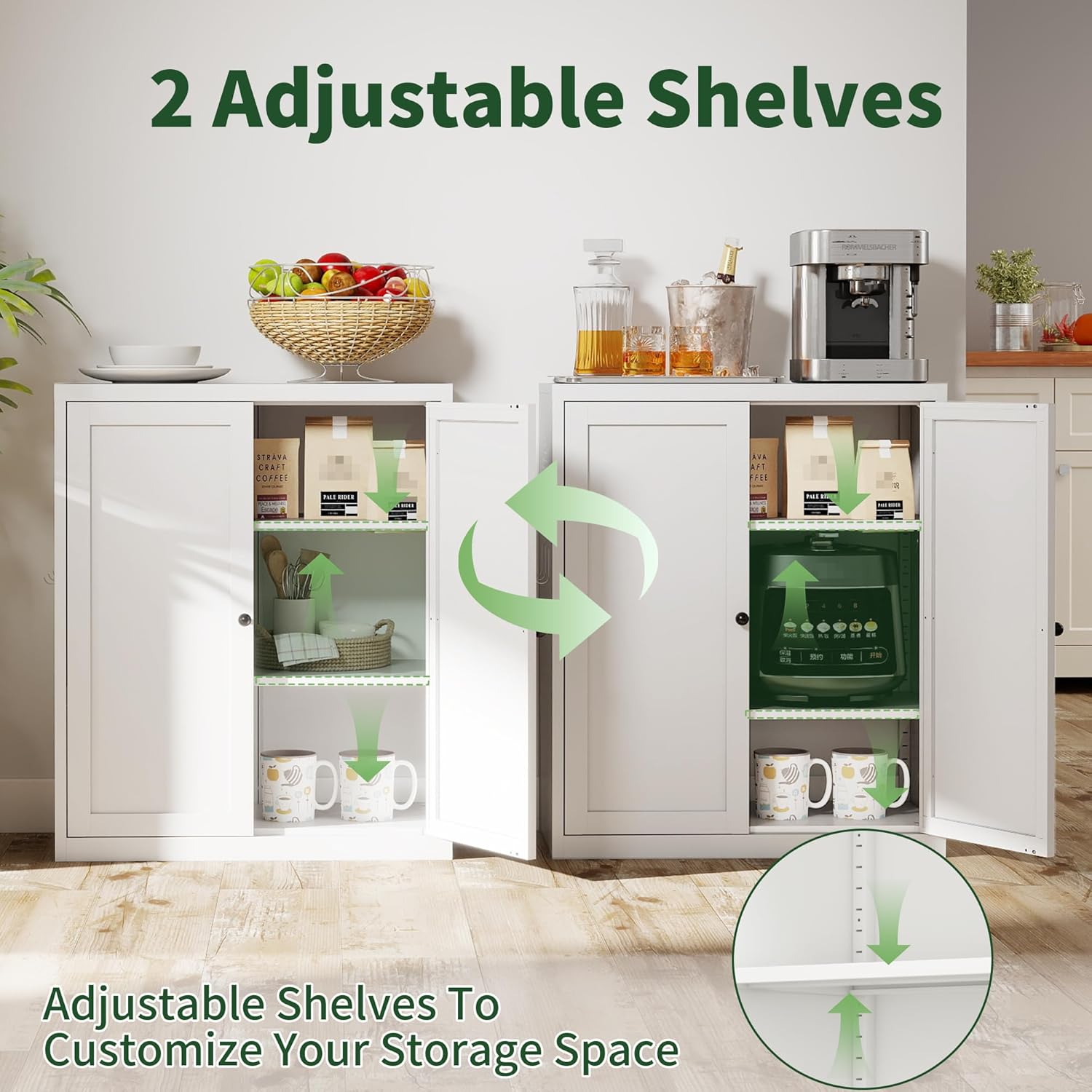 4-Piece Modern Metal Sideboard and Pantry Set,Built in Cabinets for Living Room Kitchen Cabinet Set, Adjustable Shelves, White