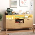 58" Coffee Bar Cabinet with Storage and Drawers, Large Sideboard Buffet Cabinet with Charging Station, Adjustable Lighting, 2 Doors and Open Shelves, Fluted Panel, Natural Oak