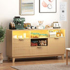 58" Coffee Bar Cabinet with Storage and Drawers, Large Sideboard Buffet Cabinet with Charging Station, Adjustable Lighting, 2 Doors and Open Shelves, Fluted Panel, Natural Oak