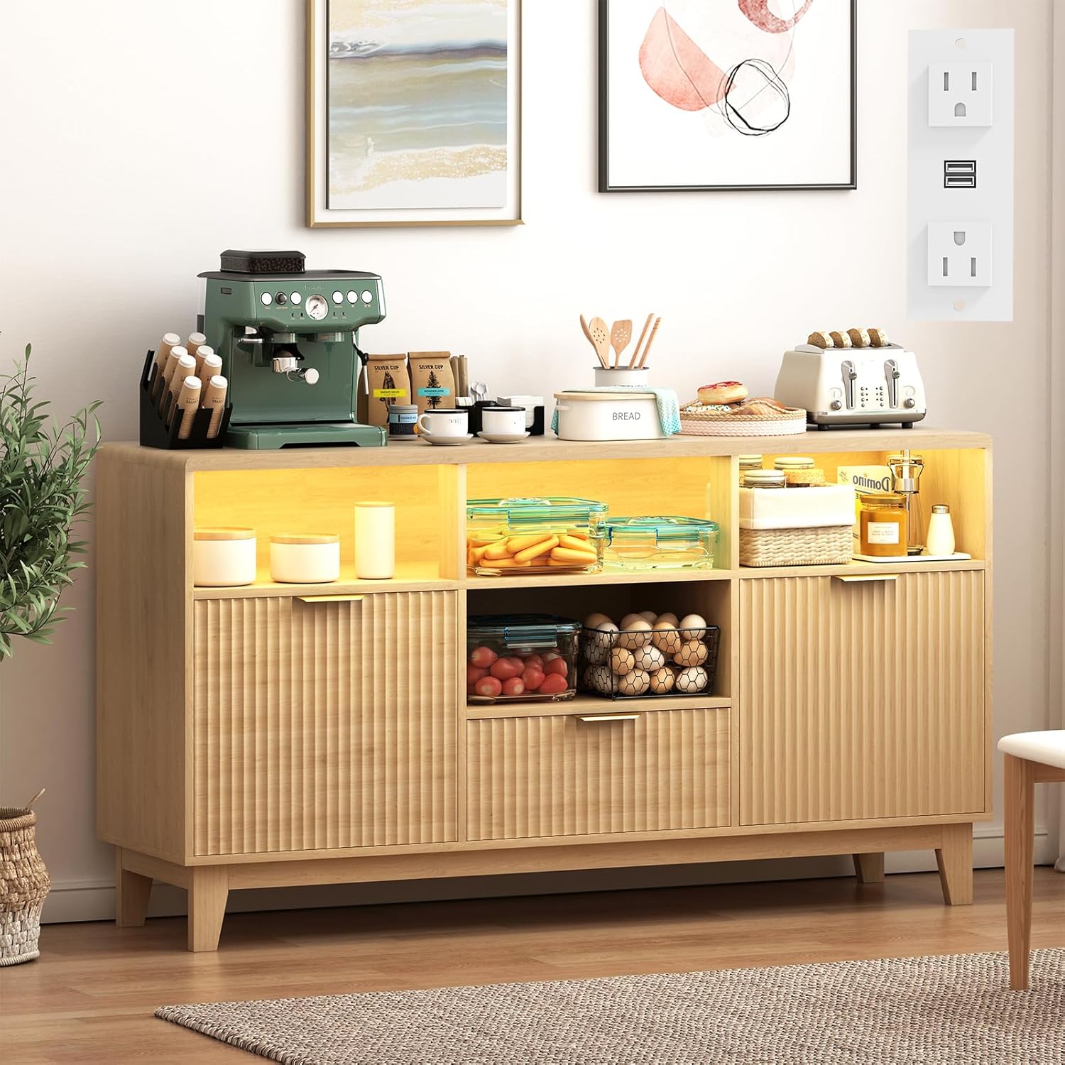 58" Coffee Bar Cabinet with Storage and Drawers, Large Sideboard Buffet Cabinet with Charging Station, Adjustable Lighting, 2 Doors and Open Shelves, Fluted Panel, Natural Oak
