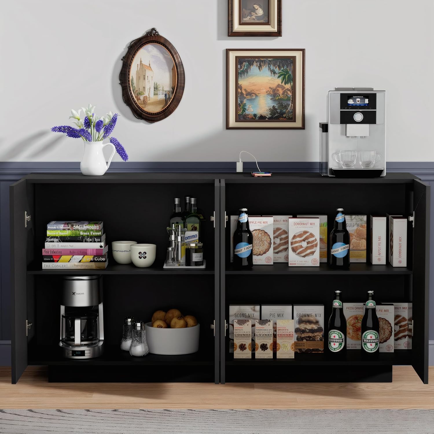 Anbuy Buffet Cabinet Mirror with Storage Black Sideboard with Storage Coffee Bar with Lights & Charging Station Kitchen LED 57.87'' Buffet Cabinet with Mirror Doors for Bedroom, Living Room