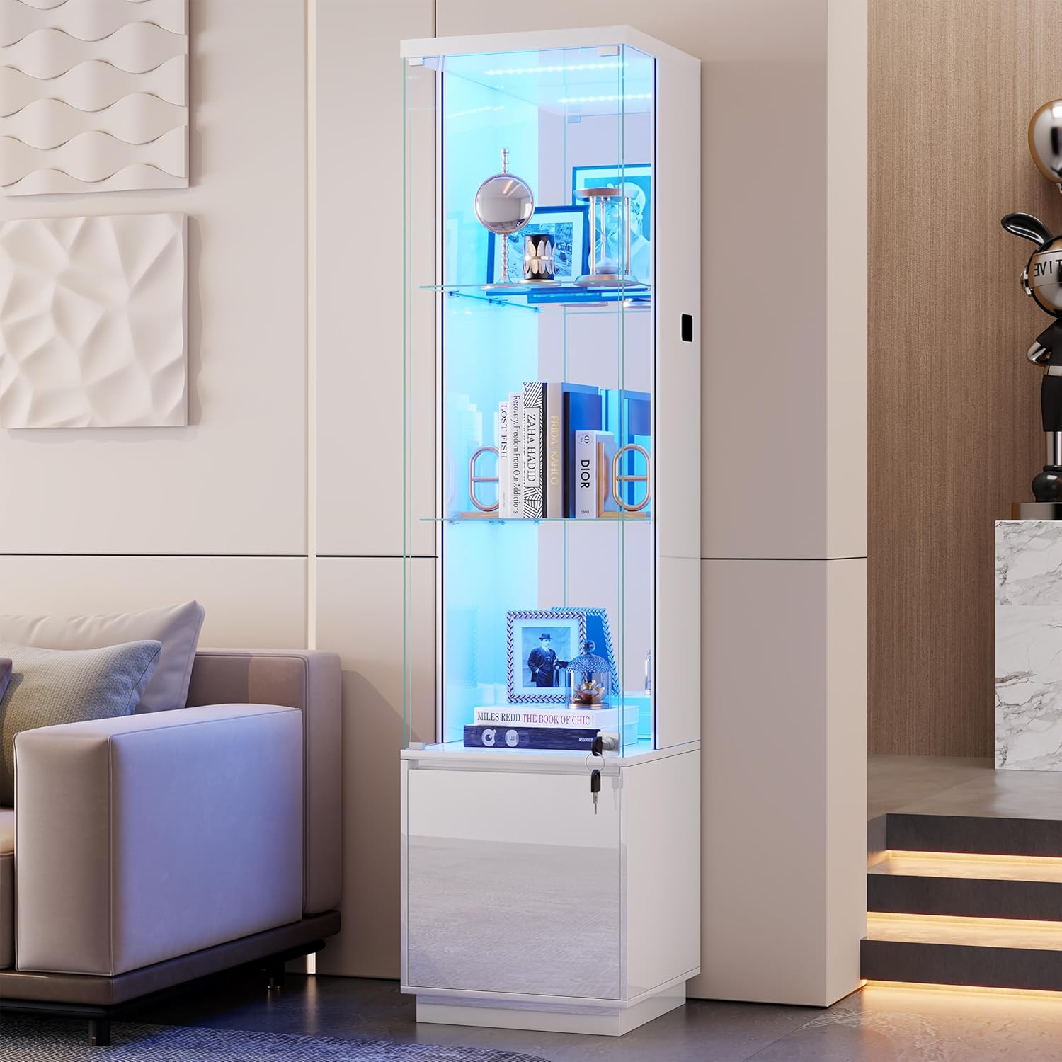WOOVIVS 64.9" Glass Display Cabinet with Lock & 3-Color LED Lights, Tempered Glass Curio Cabinet with Mirror Back, Tall Display Shelf for Collectibles, Memorabilia (White)