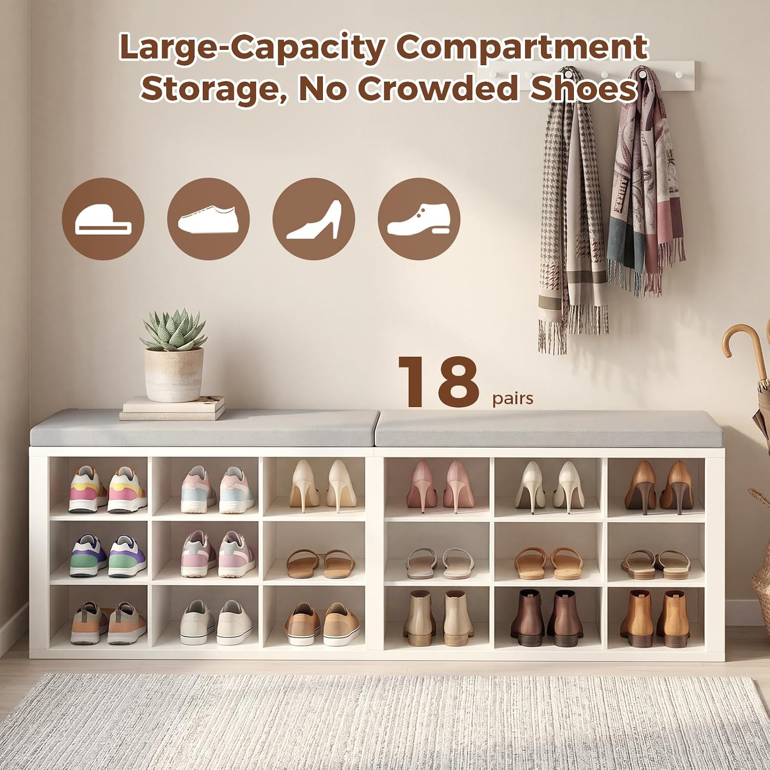 AMONIDA Shoe Storage Bench with Cushion, Entryway Bench with Shoe Storage,18 Cubby Shoe Bench with Removable Dividers, Shoe Organizer Bench for Entryway, Living Room, Light Grey (18, White)