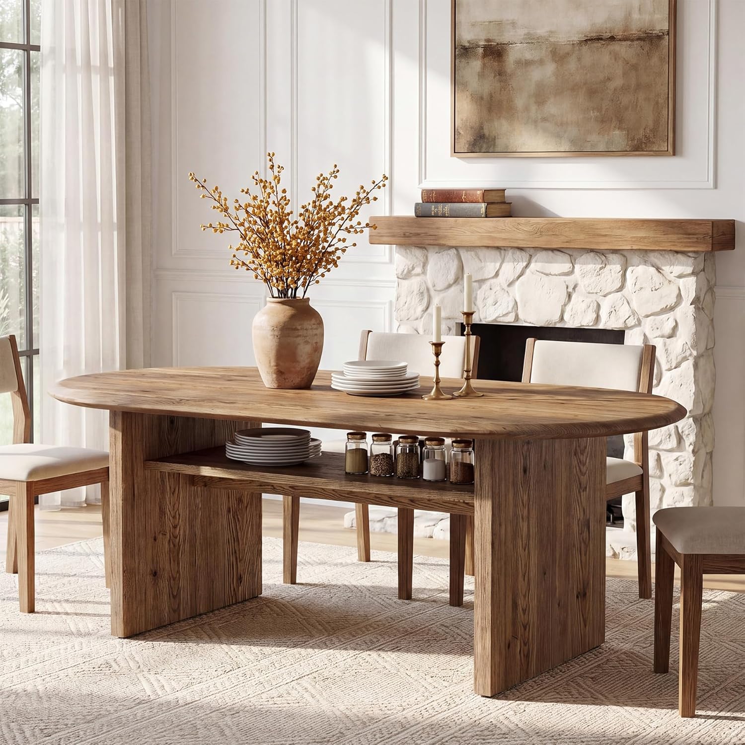 63" Oval Dining Table for 6, Farmhouse Solid Wood Kitchen Table with Storage for Dining Room, Living Room, Natural Wood