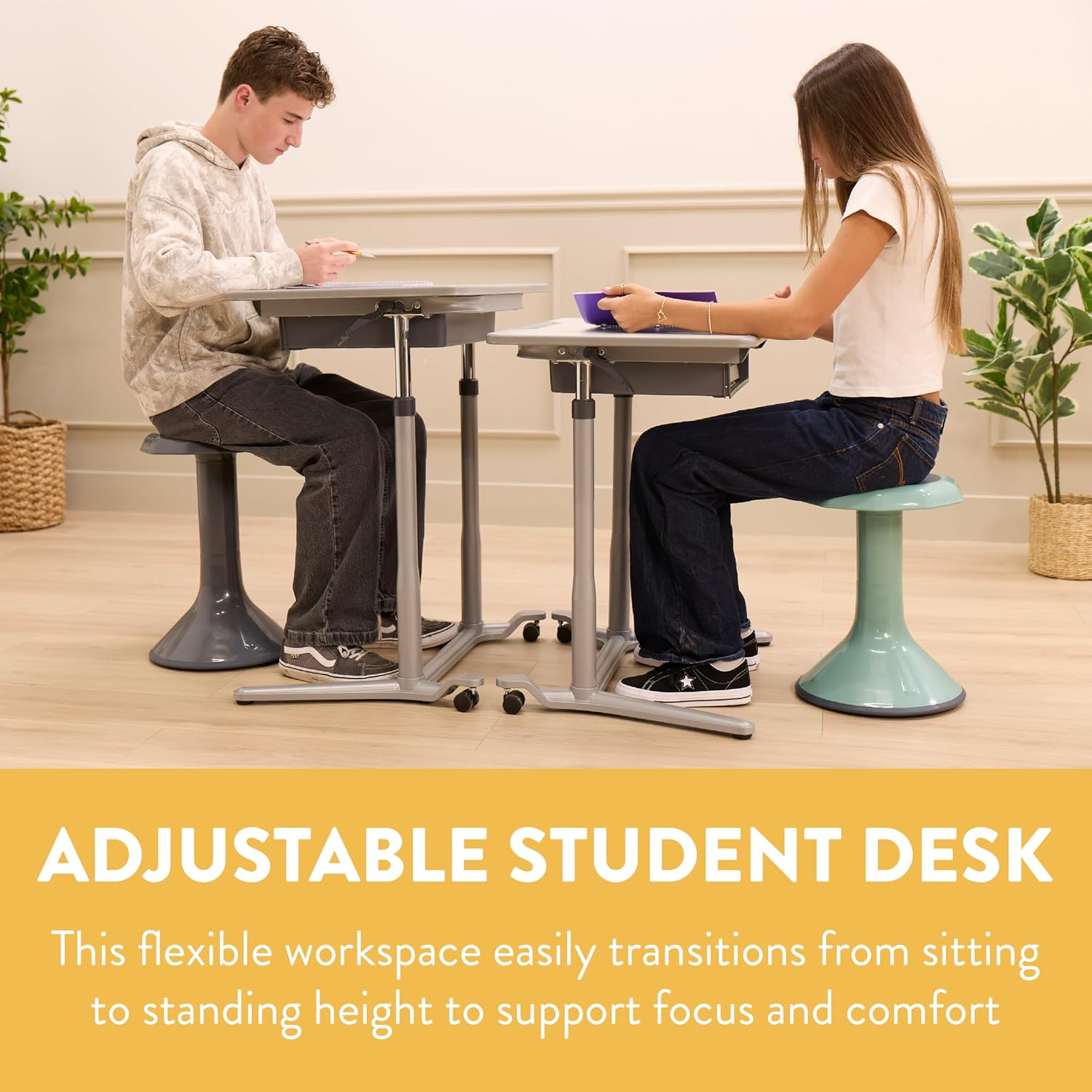 Mobile Adjustable Student Standing Desk, Portable Workstation, Grey