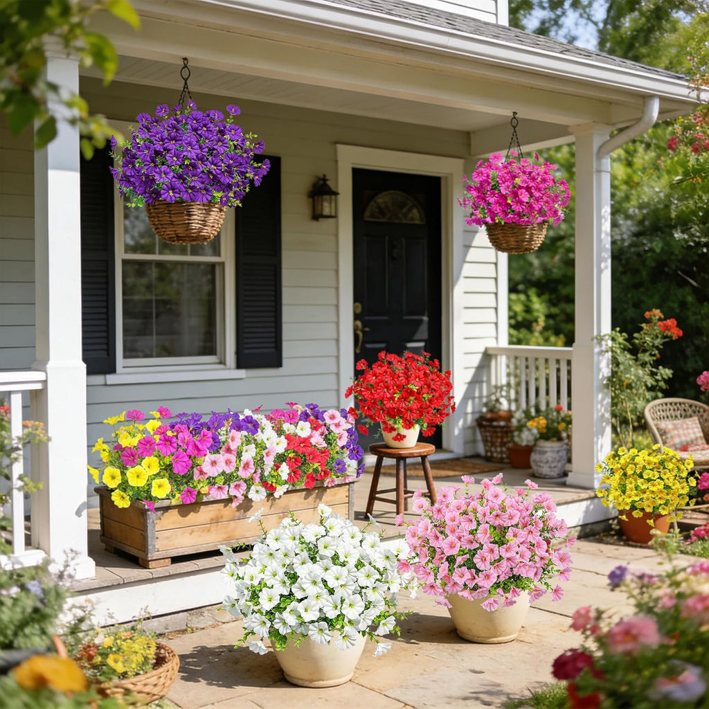 Ouddy Decor 24 Bundles Artificial Flowers for Outdoors, Fake Petunias Flowers Silk Morning Glory with Eucalyptus Faux Plants for Indoor Outside Spring Summer Yard Garden Porch Home Decor, Multicolor