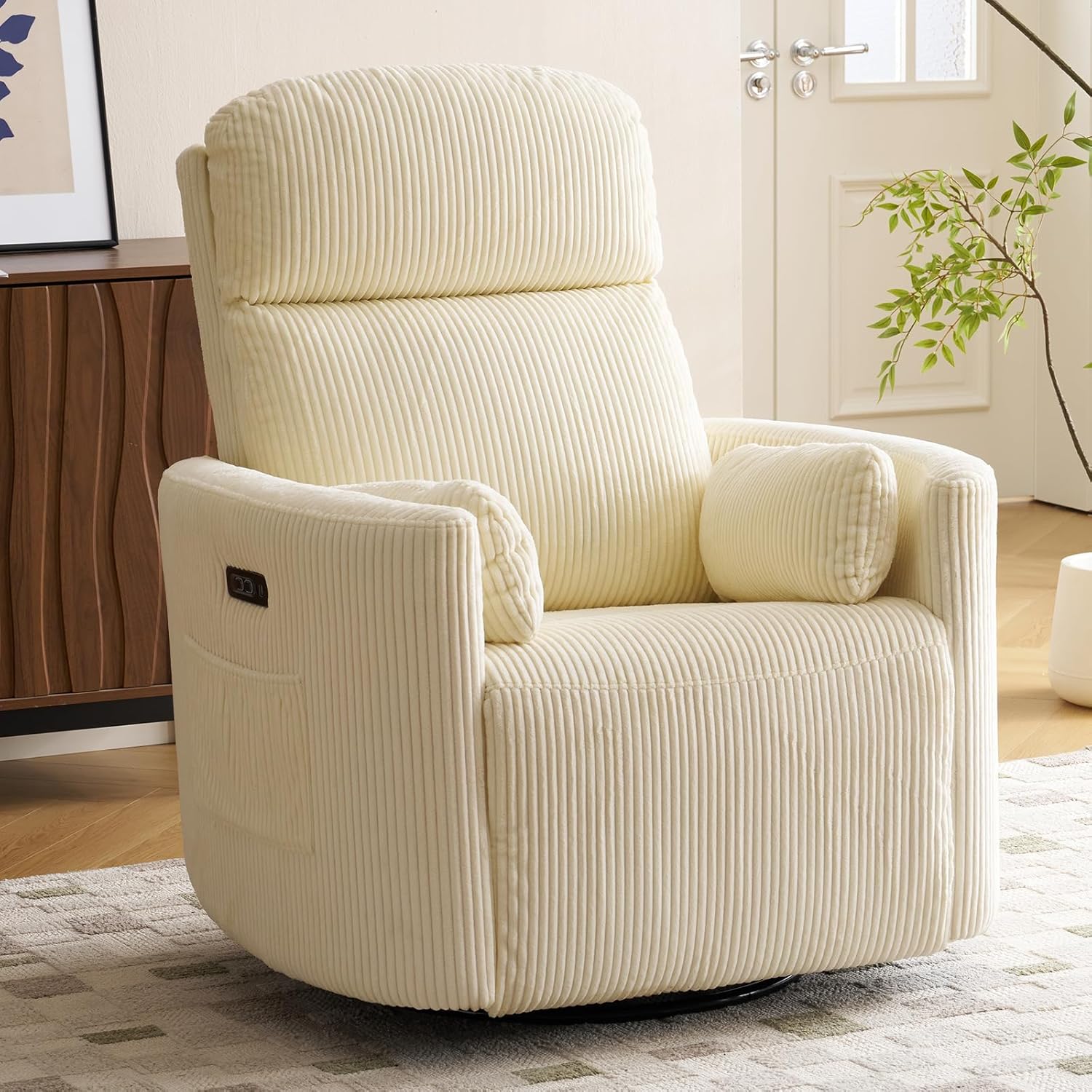 Oversized Power Recliner with Massage and Heat, Swivel Rocker Recliner with Adjustable Headrest, Glider Recliner Nursery Chair with 2 Pillows, rocking nursery recliner for Living Room,Corduroy Beige