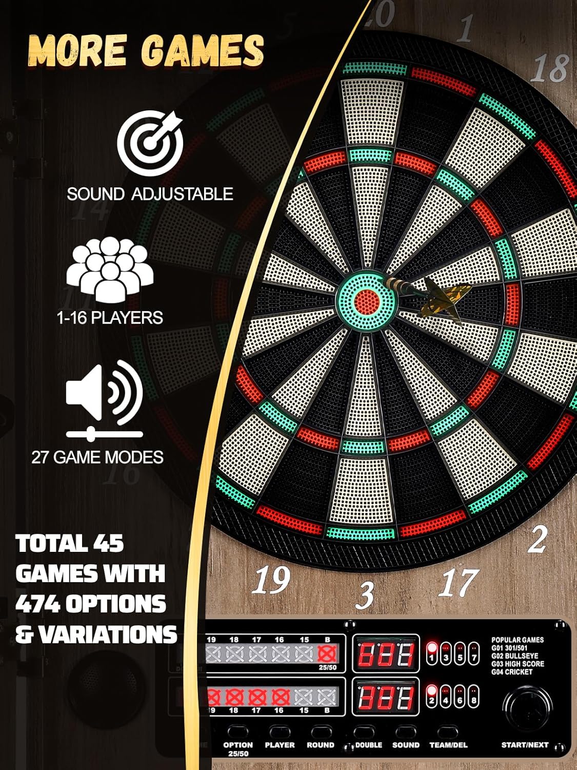 Electronic Dart Board, Decorative Dart Board Cabinet Set for Adults [12*Bronze Soft Tip Darts] [Cricket Game Mode]- Wooden Electric Dartboard Cabinet for Family Game Rooms
