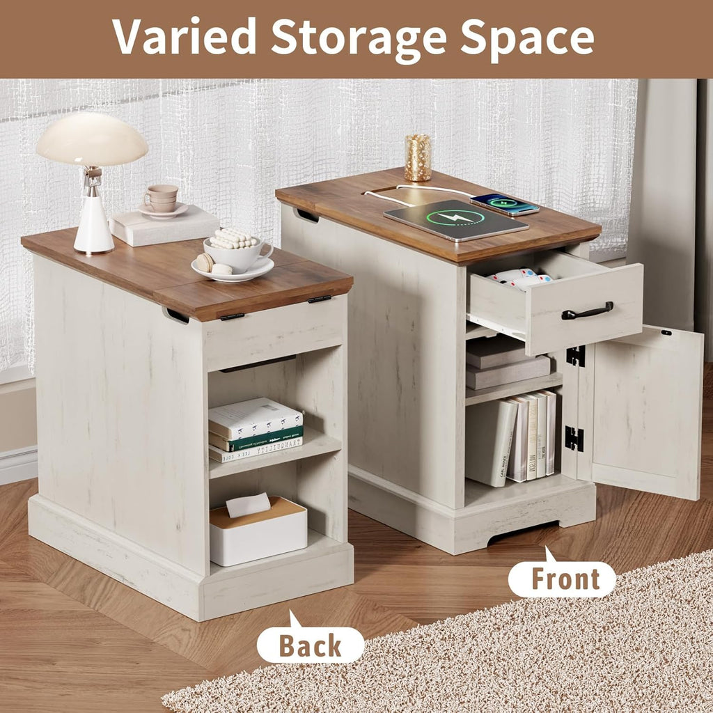 HOMMPA 23.6'' Farmhouse Narrow End Table w/Charging Station Rustic White