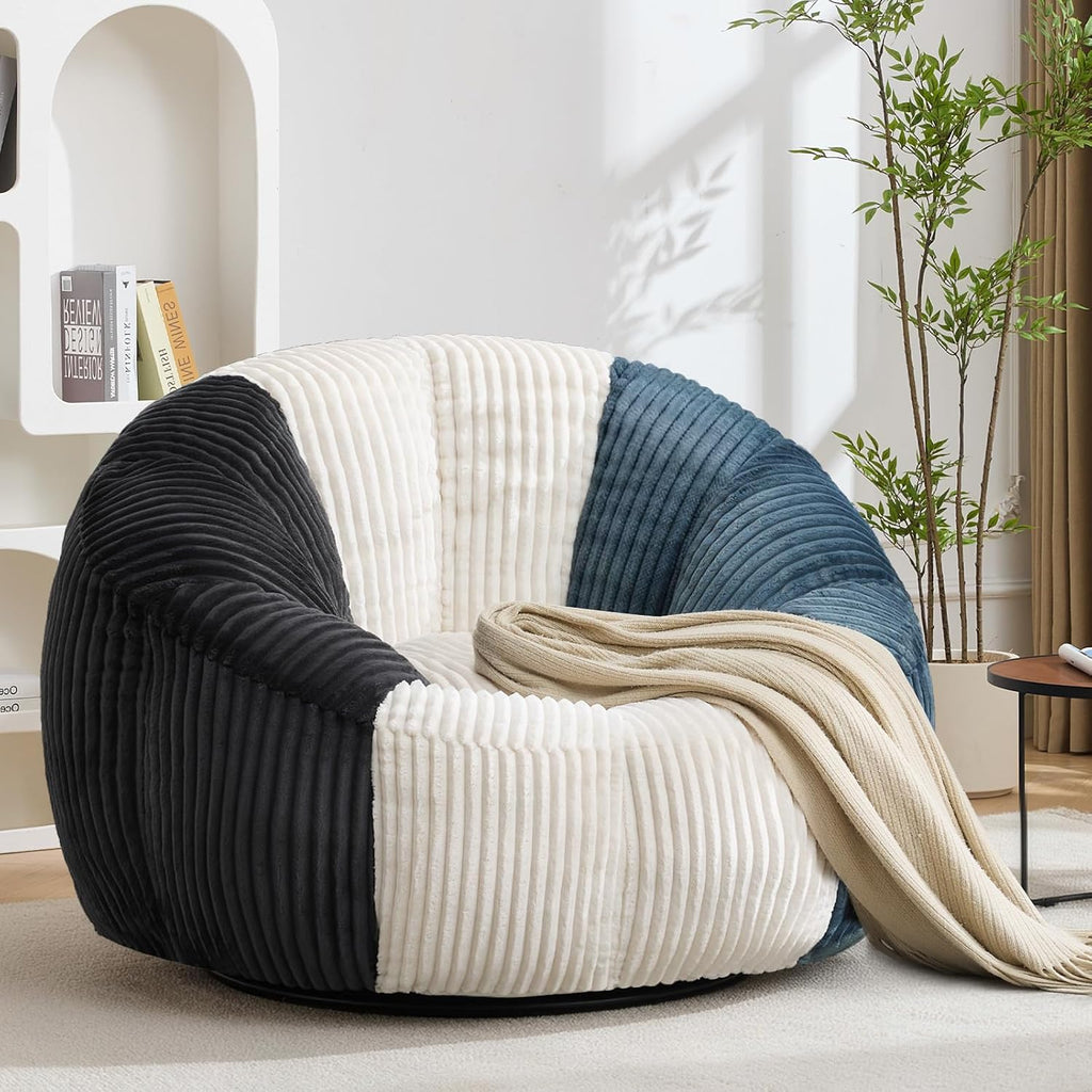 Swivel Giant Bean Bag Chair for Adults, Oversized Corduroy Boneless Chair Plush Round Soft Floor Chair Beanbag Sofa Lounge for Living Room, Bedroom, Game Room, Blue and Grey