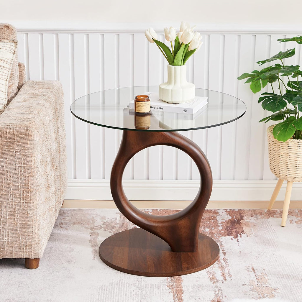 27.5” Large Glass End Table, Round Side Tables with Tempered Glass Tabletop, Modern Night Stand Sofa Table, Small Coffee Table with Wooden Base for Living Room Office Bedroom, Walnut