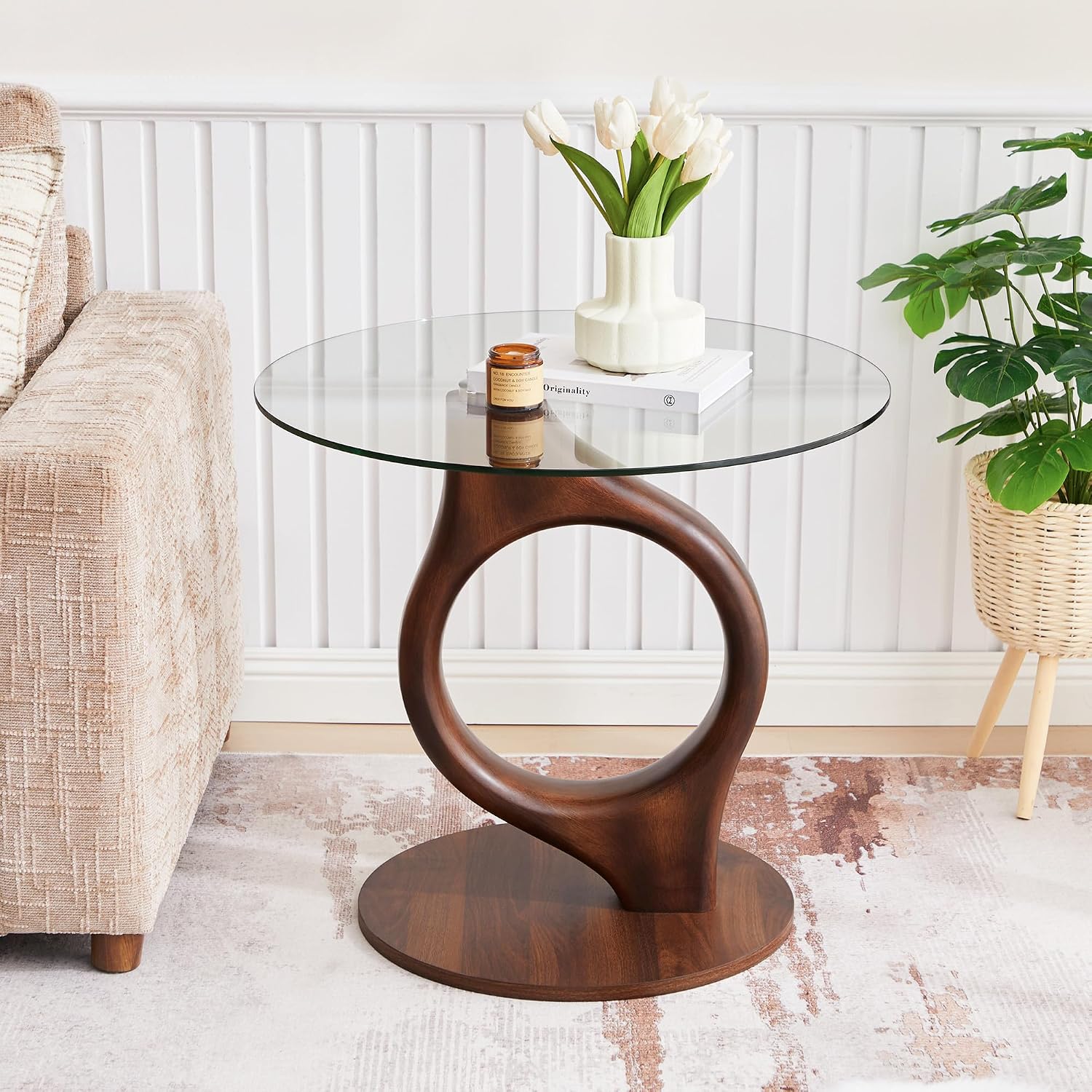 27.5” Large Glass End Table, Round Side Tables with Tempered Glass Tabletop, Modern Night Stand Sofa Table, Small Coffee Table with Wooden Base for Living Room Office Bedroom, Walnut