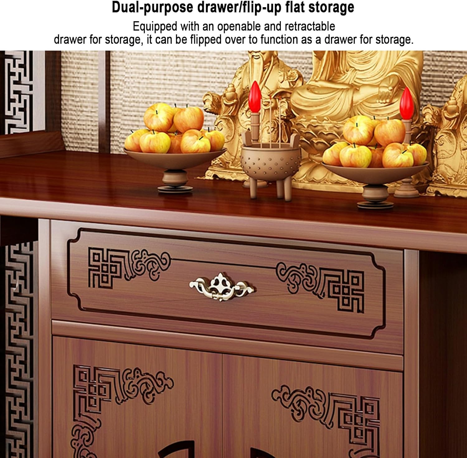 Chinese Cabinet Pedestal offering, Stand puja Meditation Prayer, Personal Shrine Altar Buddha Niche, Meditation Table Pooja Cabinet with Storage, with Drawer Panel(120cm/47.2in)