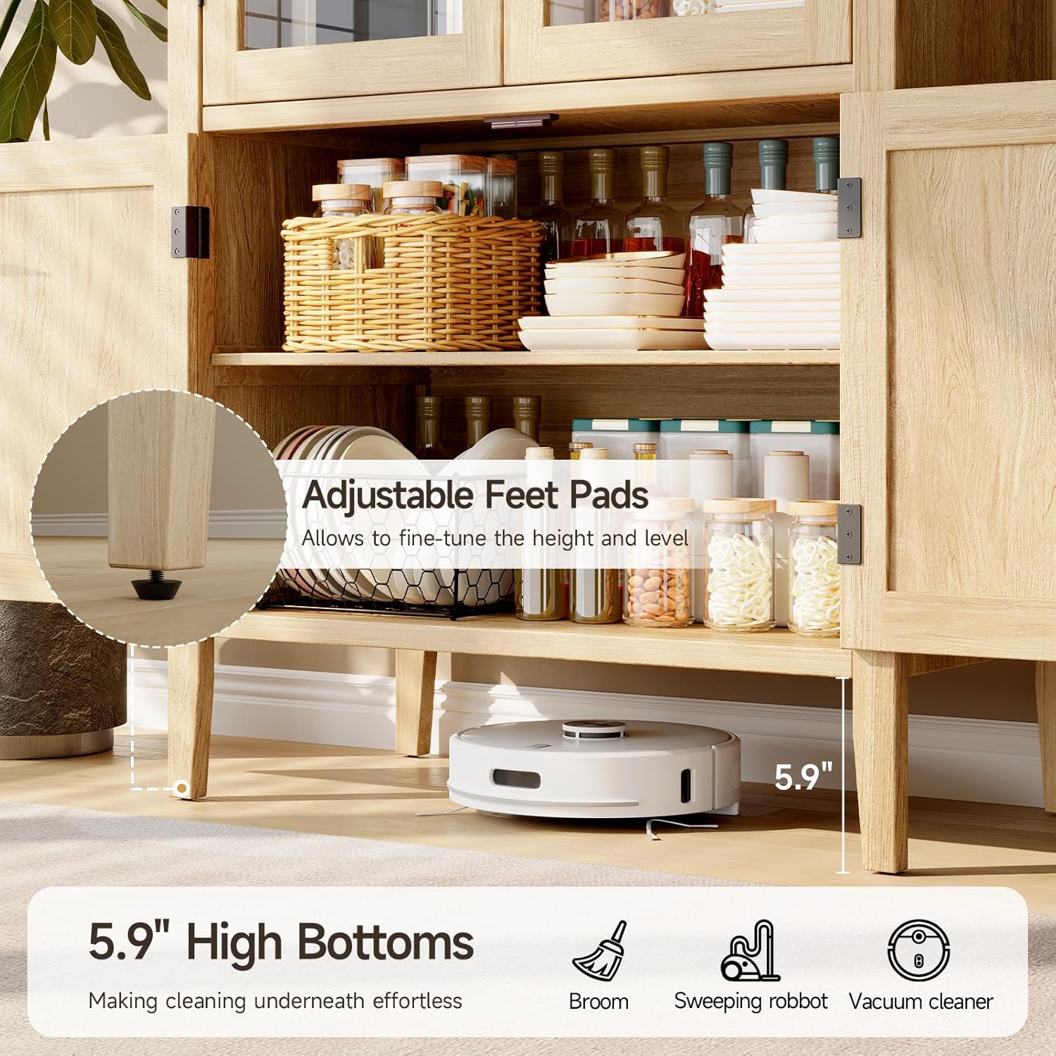 ONBRILL 71" Tall Arched Cabinet, 5-Tier Arched Kitchen Pantry with Glass Doors & Shelves, Modern Display Storage Cabinets with Adjustable Feet, Wooden Pantry Cabinet for Living Room, Dining Room