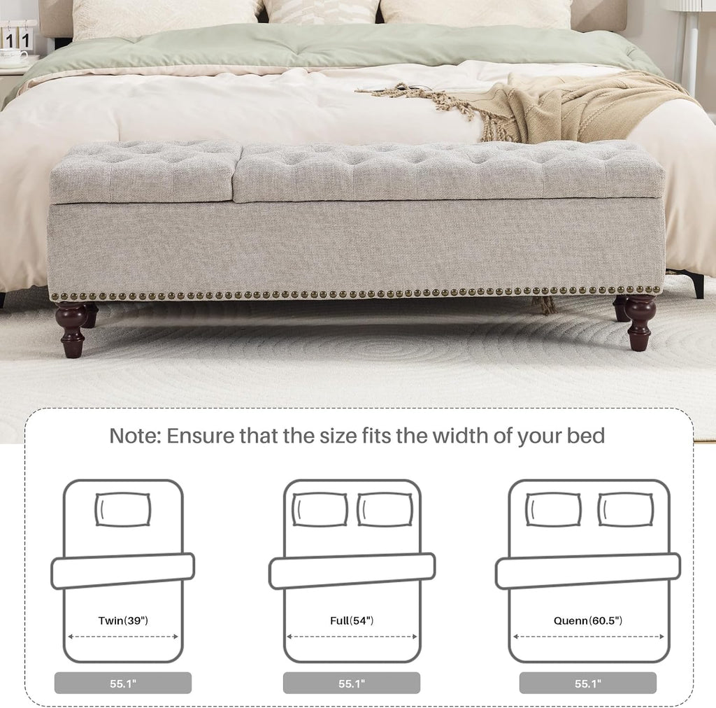 55 Inch Storage Bench for Bedroom, Tufted Upholstered Ottoman with 2 Compartments and Wood Legs, Rectangular End of Bed Bench for King or Queen Size Bed, Light Grey Fabric