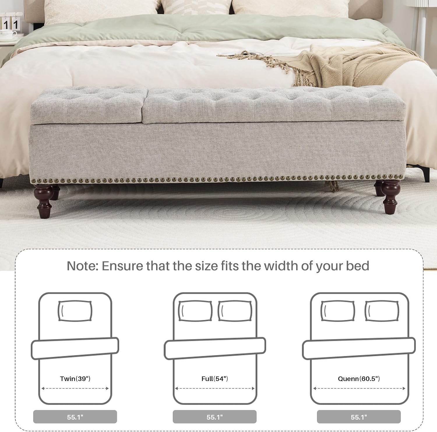55 Inch Storage Bench for Bedroom, Tufted Upholstered Ottoman with 2 Compartments and Wood Legs, Rectangular End of Bed Bench for King or Queen Size Bed, Light Grey Fabric