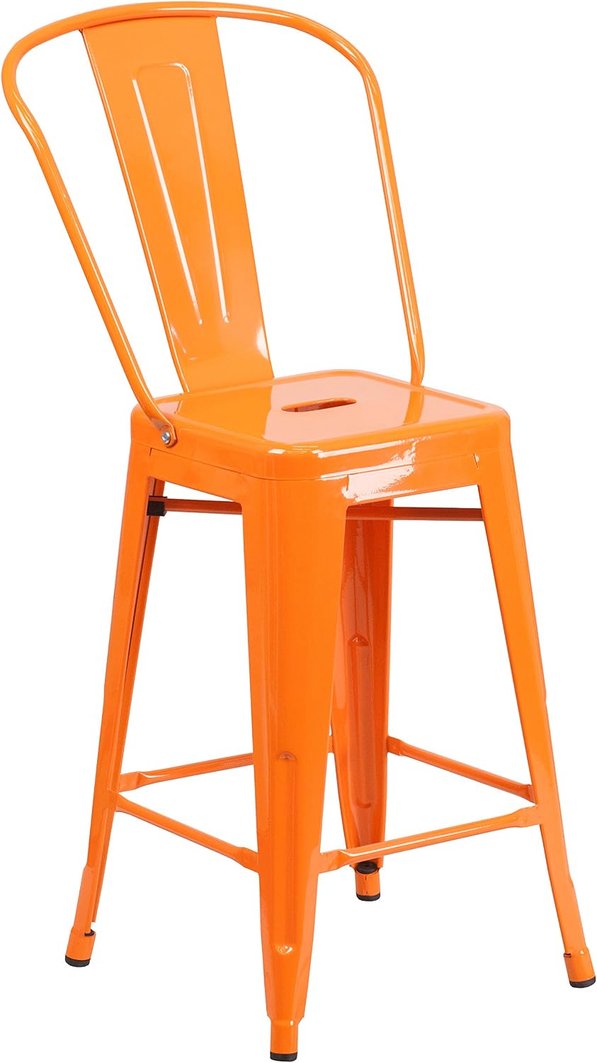 EMMA + OLIVER Commercial Grade 24" H Orange Metal Indoor-Outdoor Counter Height Stool w/Back
