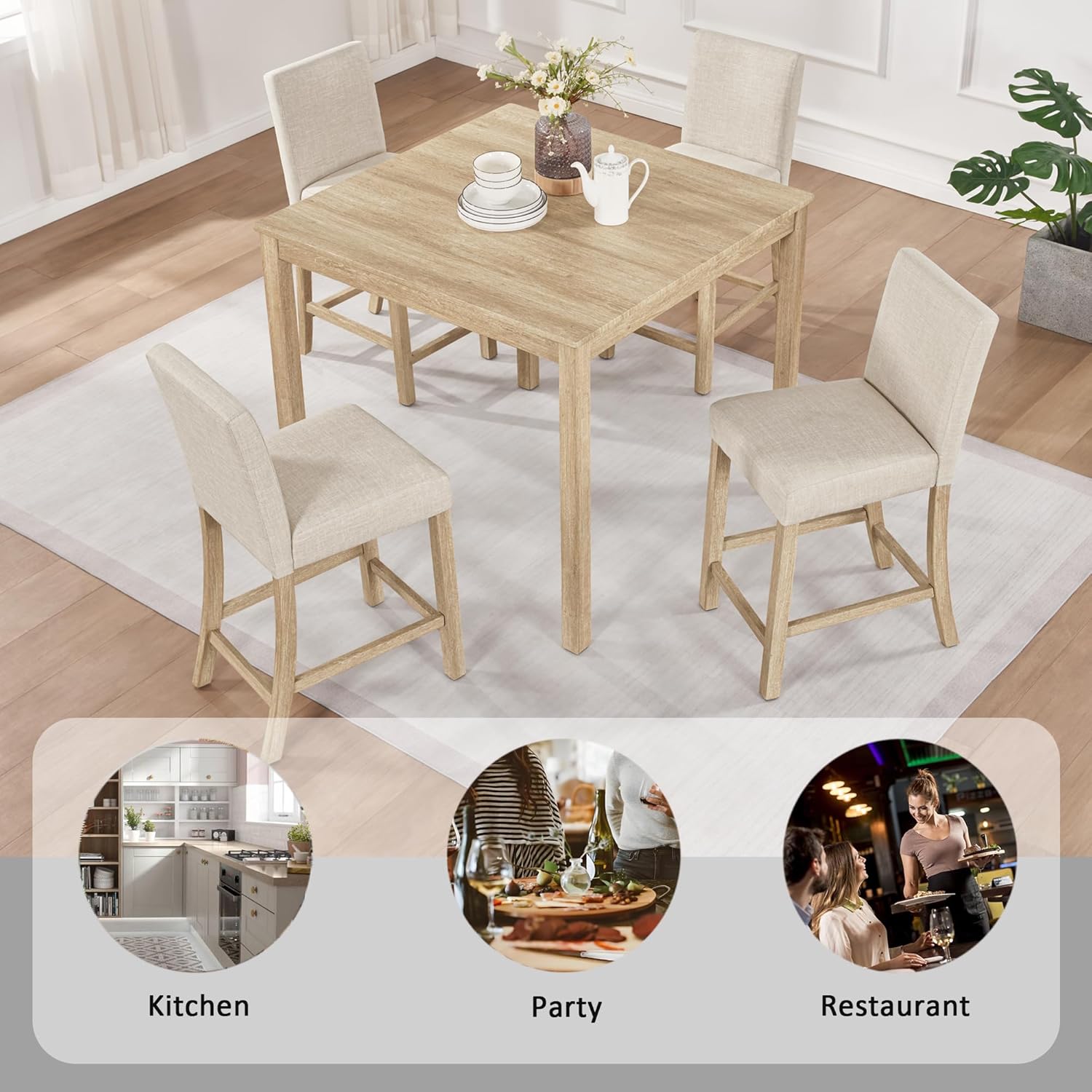 Harper & Bright Designs 5-Piece Counter Height Table Set with 4 Chairs, Wooden Light Oak Kitchen Dining Set for Small Spaces, Modern Square Counter Height Table and Upholstered Stools for Dining Room
