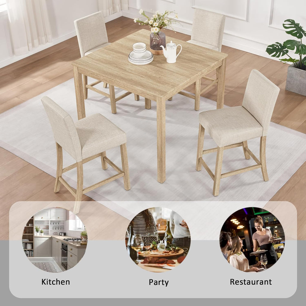 Harper & Bright Designs 5-Piece Counter Height Table Set with 4 Chairs, Wooden Light Oak Kitchen Dining Set for Small Spaces, Modern Square Counter Height Table and Upholstered Stools for Dining Room