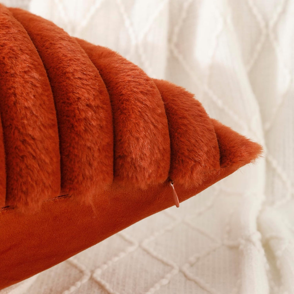 All Smiles Rust Throw Pillow Covers 18x18 Set of 2，Fall Autumn Burnt Orange Terracotta Decorative Cushion Cases Farmhouse Boho Living Room Sofa Couch Bed Soft Faux Fur Fluffy Velvet Cross Stitch