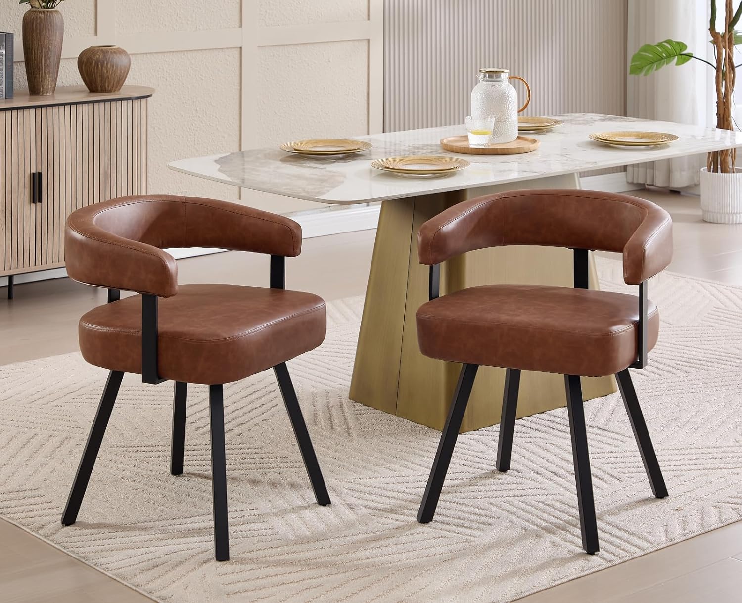 Shunzhi Brown Upholstered Leather Dining Chairs Set of 6 Modern Barrel Dining Room Chairs Comfy Kitchen Chairs Armless PU Side Chair with Curved Back for Living Room/Restaurant