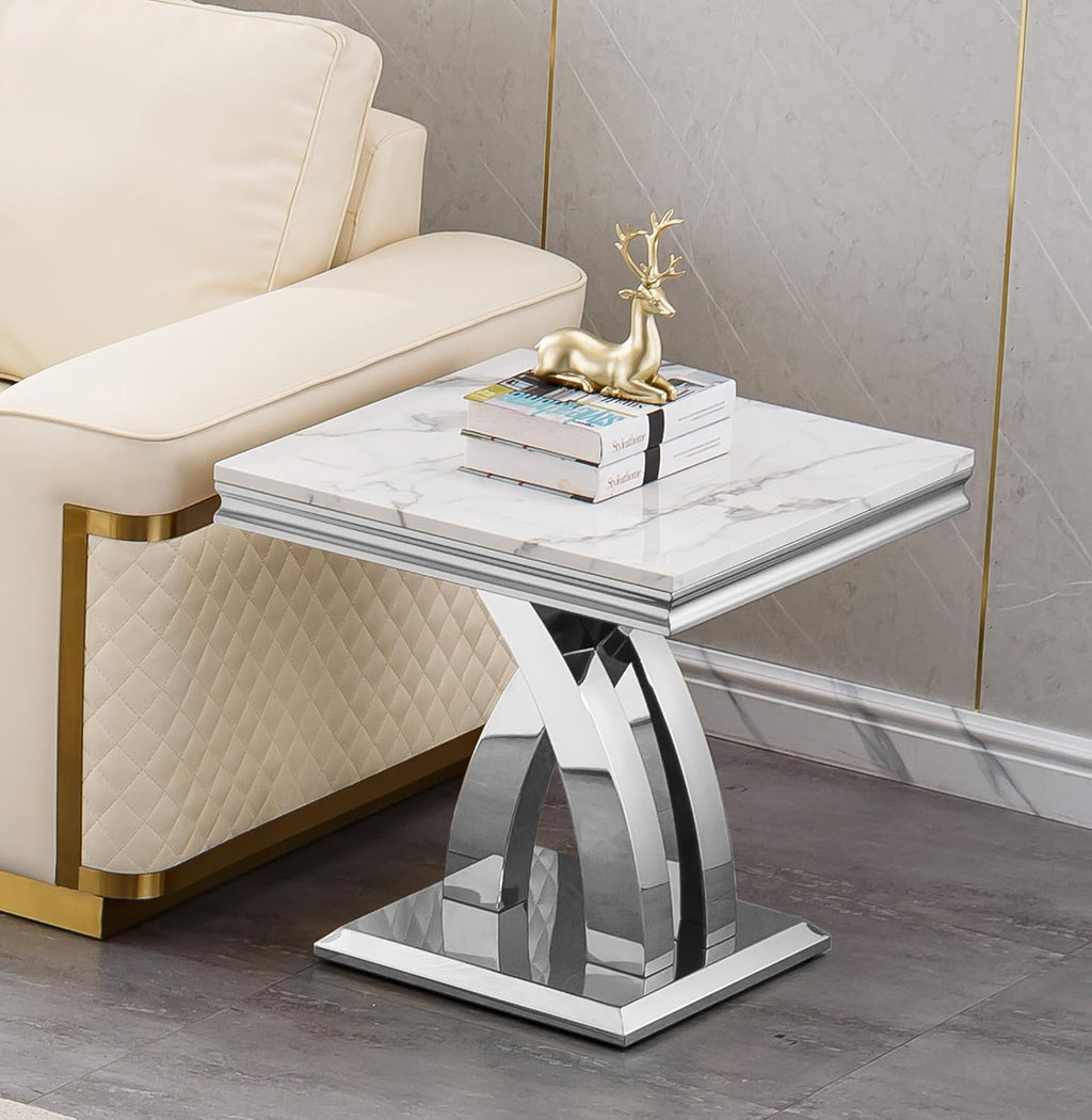 Marble End Table Modern Square Silver Living Room Table Sofa Side Table with Mirrored X-Shape Stainless Steel Base, Luxury White Faux Marble Small Bed Side Corner Table for Living Room Bedroom