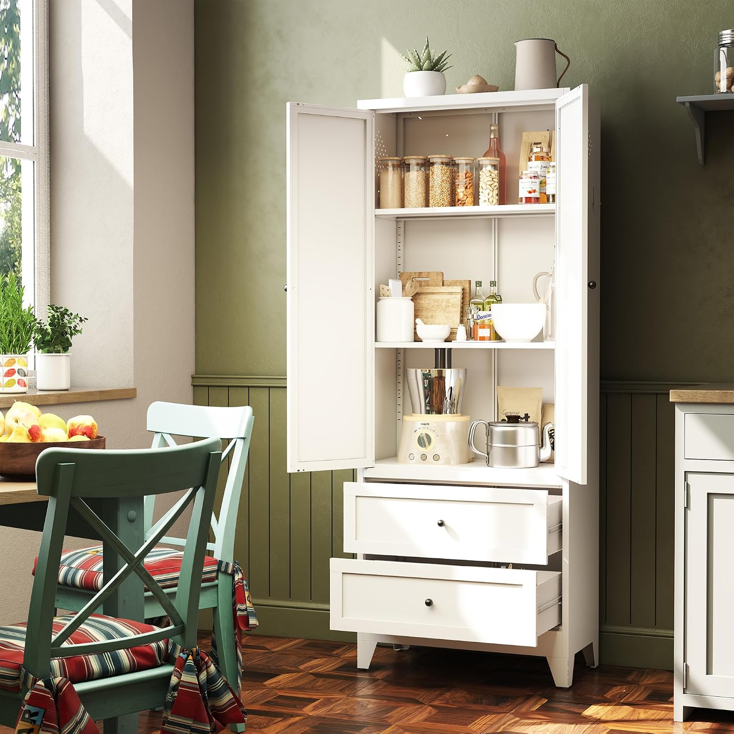 72" White Storage Cabinet Metal Kitchen Pantry Cabinet with Drawers & Adjustable Shelves,2-Door Freestanding Storage Organizer Utility Cupboard for Pantry,Kitchen,Bathroom